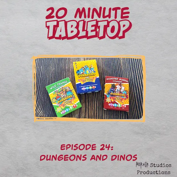 Episode cover art for episode 24. Image with three packs of cards labeled Dungeons and Dinos