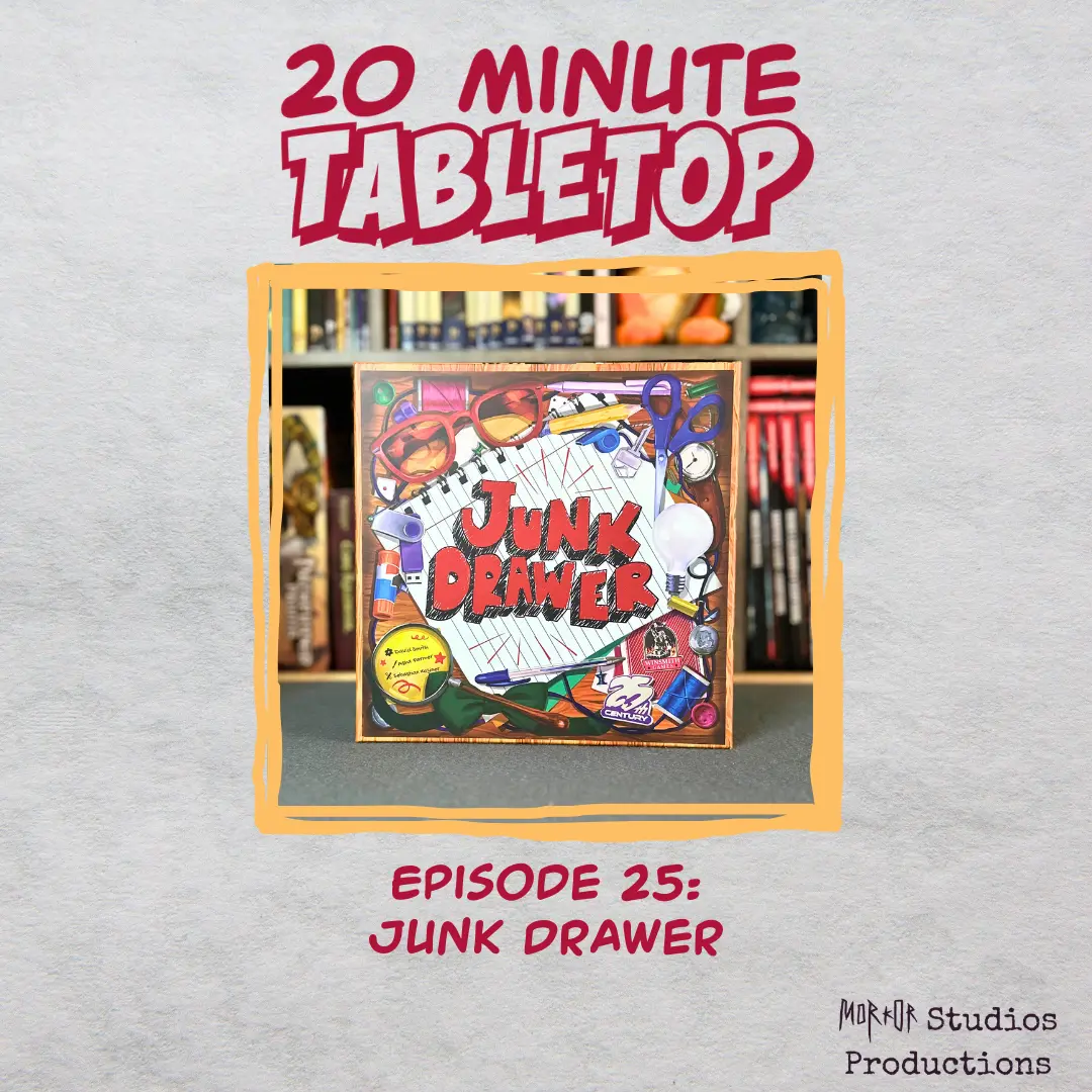 Episode cover art for episode 25. Image with game box titled Junk Drawer in large red letters.